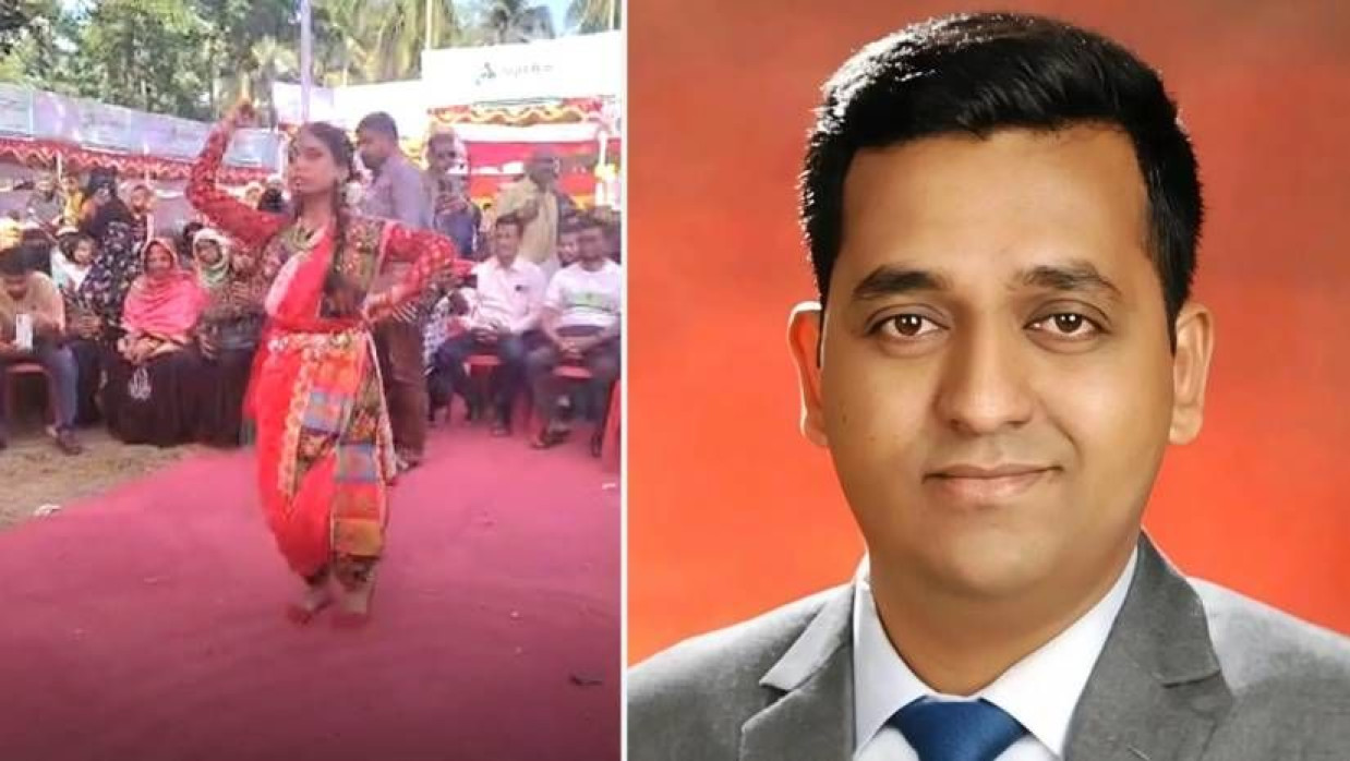 অনুষ্ঠানে নৃত্য পরিবেশন করছে এক শিক্ষার্থী ও ইউএনও আমিনুল ইসলাম