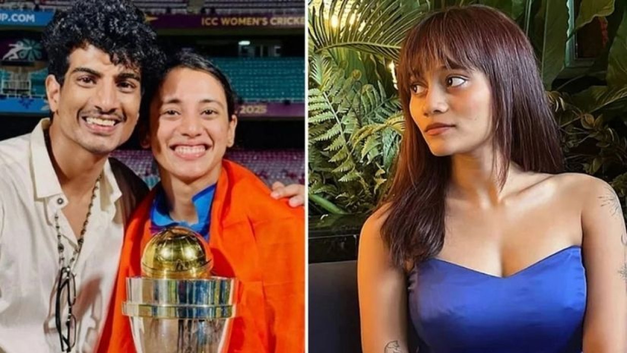 স্মৃতি মান্ধানার সঙ্গে পলাশ ও পাশে মেরি ডি’কস্তা