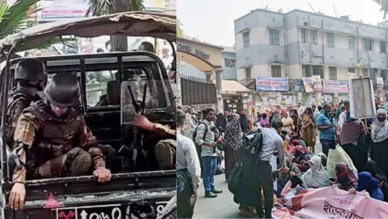 সেনাবাহিনীর গাড়ি ও ইডেন ছাত্রীদের বিক্ষোভ