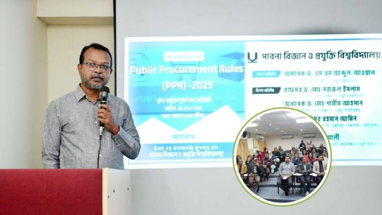 প্রশিক্ষণ কর্মশালা বক্তব্য দেন, উপ-উপাচার্য অধ্যাপক ড. মো. নজরুল ইসলাম (ইনসেটে কর্মশালায় অংশ নেওয়া গবেষকরা)