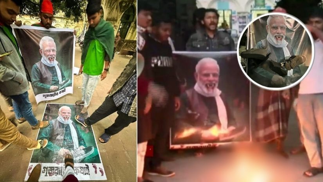 নরেন্দ্র মোদীর কুশপুত্তলিকা দাহের পাশাপশি জুতা নিক্ষেপও করা হয়