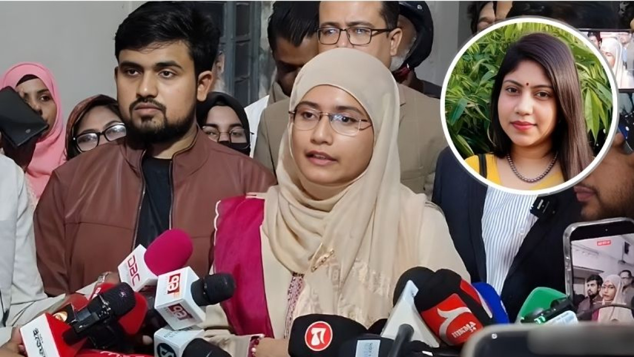 কথা বলছেন সামান্তা শারমিন, ইনসেটে নিহত জান্নাত আরা রুমী