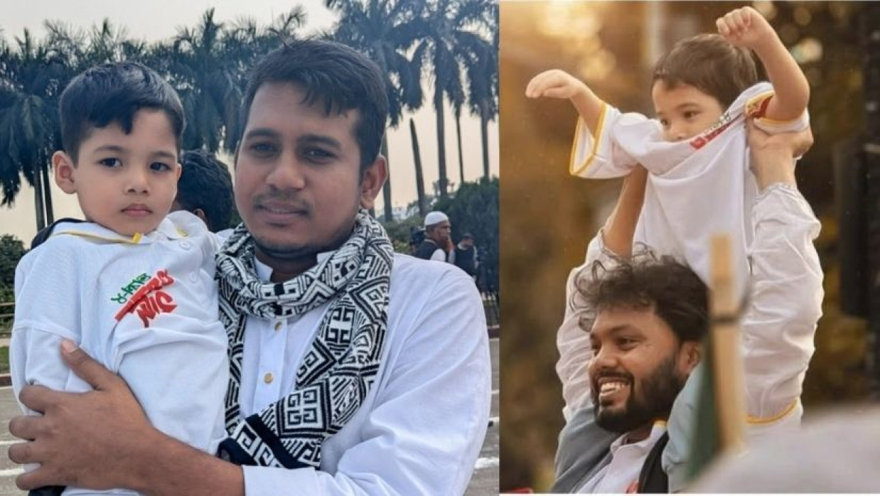 জুলাই ঐক্যের অন্যতম সংগঠক ইস্রাফিল ফারাজির কোলে ও ওসমান হাদির কাঁধে ছোট্ট শিশু ওমায়েত
