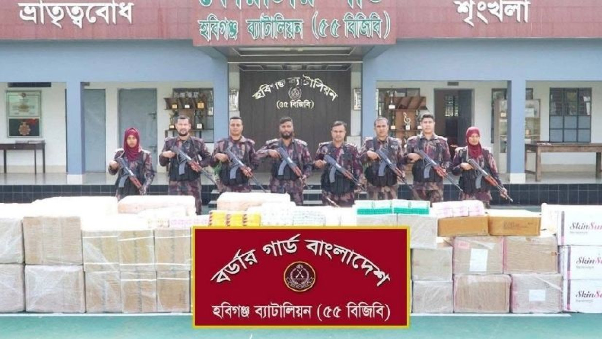হবিগঞ্জ সীমান্তে ভারতীয় প্রসাধনী ও অবৈধ ওষুধ জব্দ করেছে বিজিবি