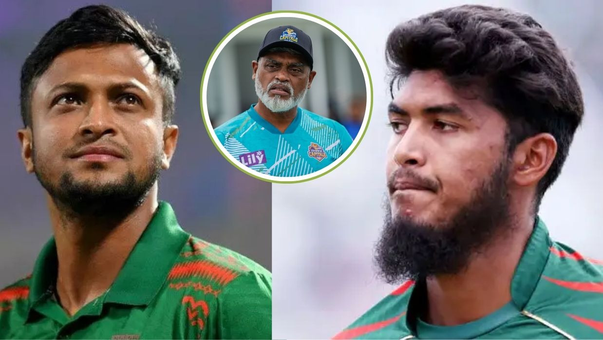 সাকিব আল হাসান ও রিশাদ হোসেন, ইনসেটে কোচ মাহবুব আলী জাকি