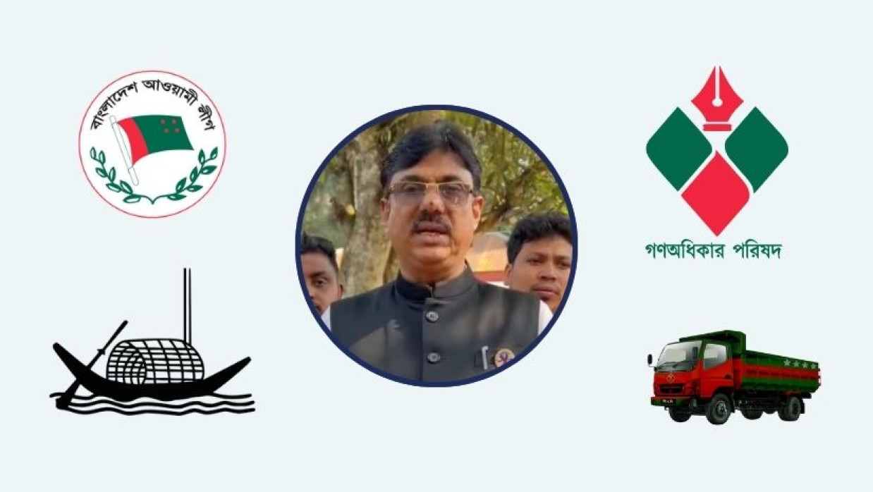 আওয়ামী লীগ ও গণঅধিকার পরিষদের লোগো-প্রতীক এবং কাবির মিয়া (মাঝে)