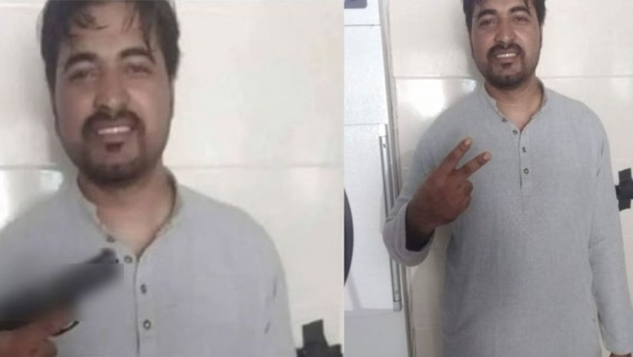 বাম পাশে পিস্তল হাতে এডিটেড ছবি, ডান পাশে আসল ছবি