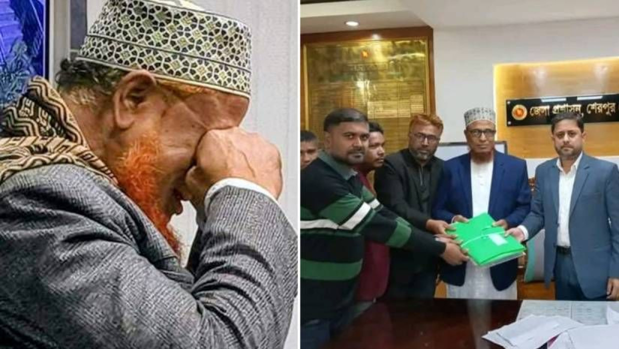 মনোনয়নপত্র জমা দিতে না পেরে আবেগপ্রবণ আব্দুল্লাহ বাদশা (বাঁয়ে) ও মনোনয়নপত্র জমা দেওয়া হচ্ছে 