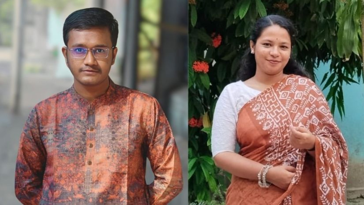 বাম থেকে আতিকুর রহমান ত্বহা ও স্মীতা পুরকায়স্থ