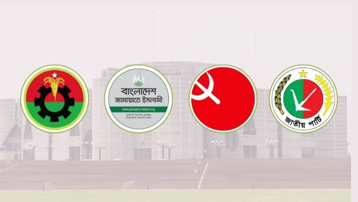 বিএনপি, জামায়াত, জাতীয় পার্টি ও কমিউনিস্ট পার্টি'র লোগো