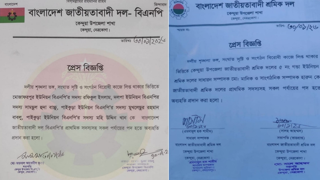 নেত্রকোনায় দলীয় শৃঙ্খলা ভঙ্গের কারণে বিএনপি-শ্রমিক দলের ৬ নেতাকে বহিষ্কার