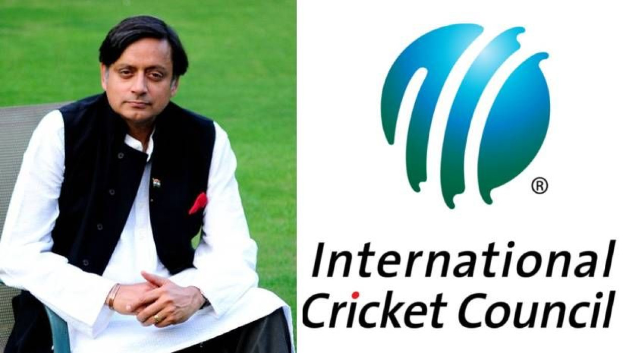 শশী থারুর ও আইসিসি লোগো 