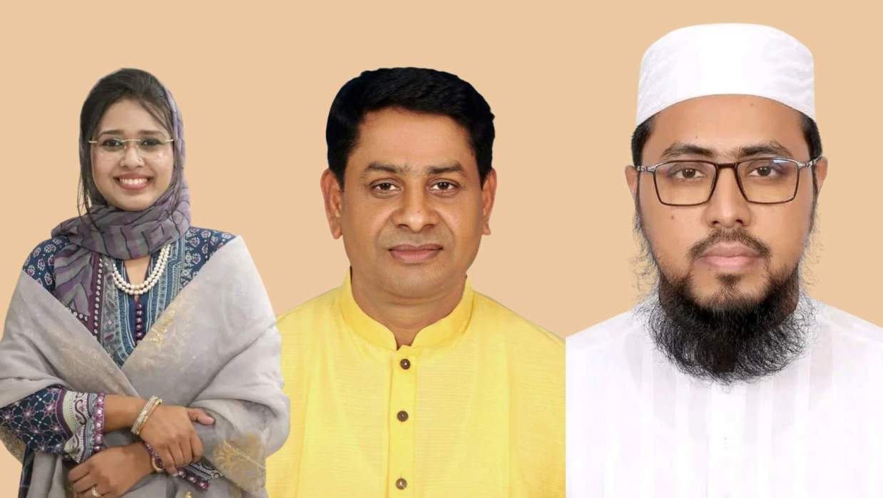 শেরপুর-১ (সদর) সংসদীয় আসনের প্রার্থী ড. সানসিলা জেবরিন প্রিয়াঙ্কা, মো. শফিকুল ইসলাম মাসুদ ও হাফেজ রাশেদুল ইসলাম (বা থেকে)