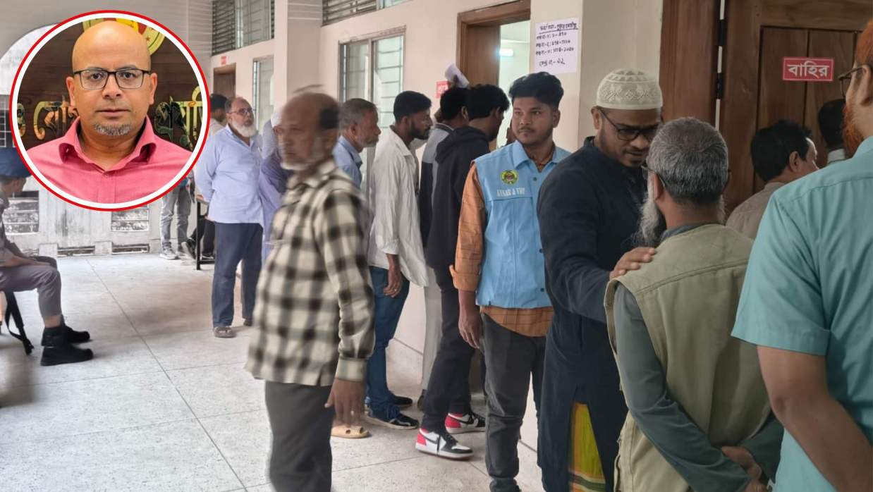 ত্রয়োদশ জাতীয় নির্বাচনে ভোটগ্রহণ শুরু হয়েছে। (ইনসেটে) প্রধান উপদেষ্টার বিশেষ সহকারী ফাইজ তাইয়েব আহমেদ