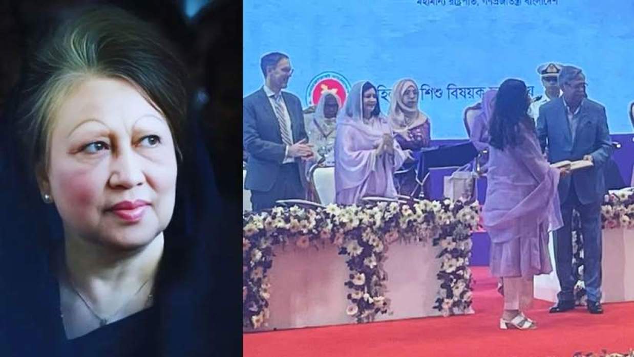 বেগম খালেদা জিয়া ও রাষ্ট্রপতির হাত থেকে পুরষ্কার নিচ্ছেন নাতনি জাইমা রহমান