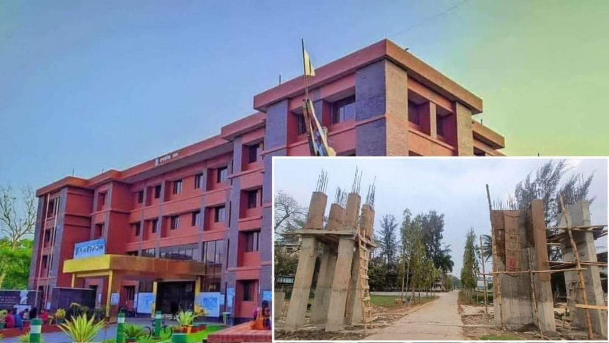 পবিপ্রবির বরিশাল ক্যাম্পাসে ফটক নির্মাণে অনিয়মের অভিযোগ (ইনসেটে বেঁকে যাওয়া পিলার)