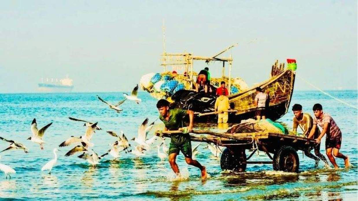 ঠেলাগাড়ি নিয়ে মাছ আনতে ট্রলারের কাছে যাচ্ছে কিছু যুবক, আনোয়ারা উপজেলার রায়পুর ইউনিয়নের গহিরা এলাকা থেকে তোলা। 