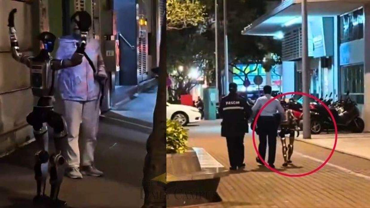 রাস্তায় বৃদ্ধার সঙ্গে রোবট, আটক করে নিয়ে যাচ্ছে পুলিশ (ডানে) 