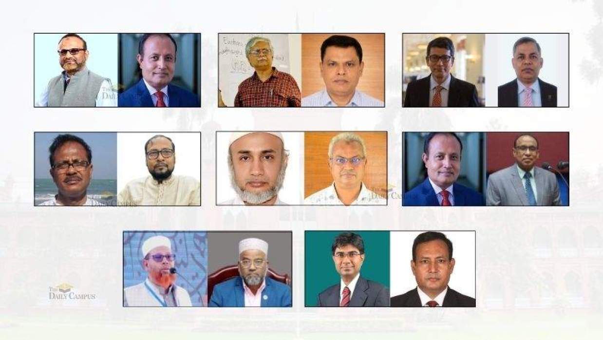 ঢাবি, রাবি, চবি (ওপরে), জবি, কুয়েট, বাউবি (মধ্যে), ঢাকেবি ও ইআবির পুরোনো ও নতুন উপাচার্যরা