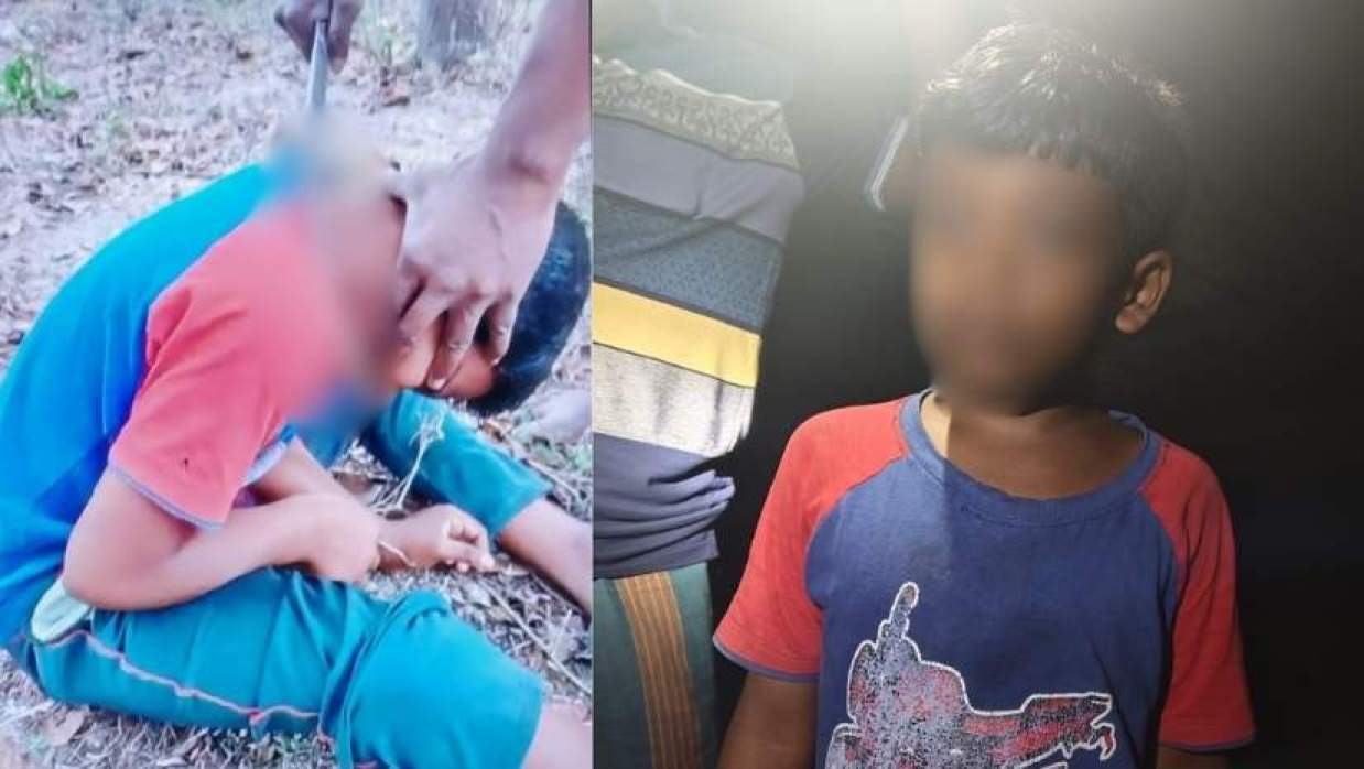 বাগানে বেঁধে গলায় ধারালো হাসুয়া ধরে আছে বাবা