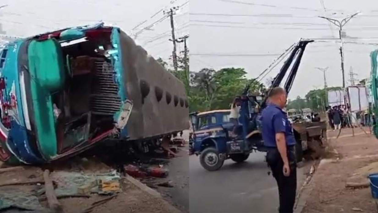 দূর্ঘটনাকবলিত বাস ও উদ্ধারকারী পুলিশের বাহন।