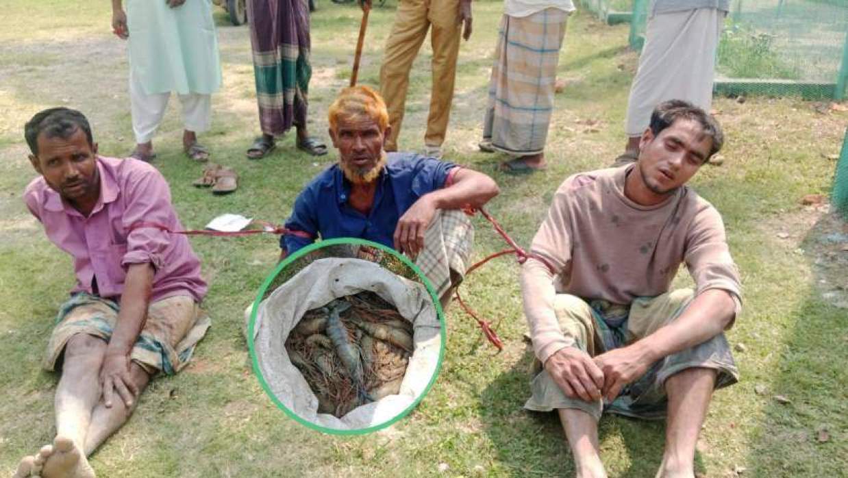 সাঙ্গু নদীতে বিষ প্রয়োগ করে মাছ শিকারের অভিযোগে আটক তিনজন (ইনসেটে জব্দ করা মাছ)