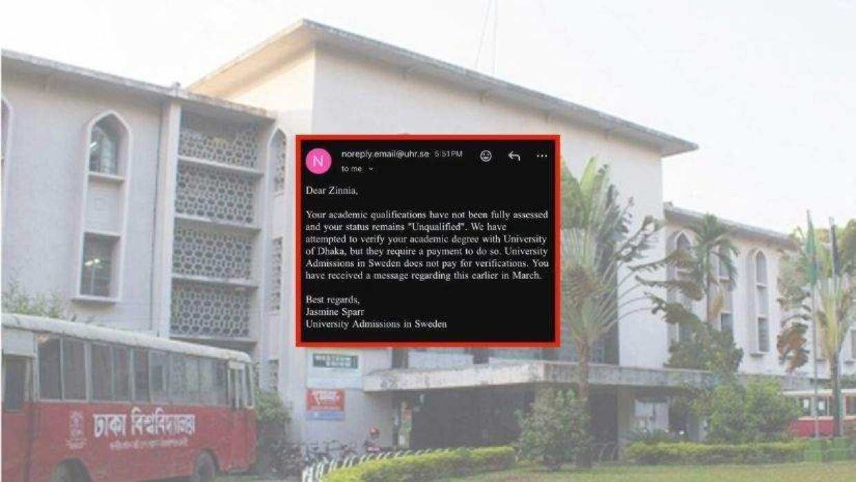 সুইডেনের কেন্দ্রীয় ভর্তি কর্তৃপক্ষ থেকে দেওয়া ই-মেইল