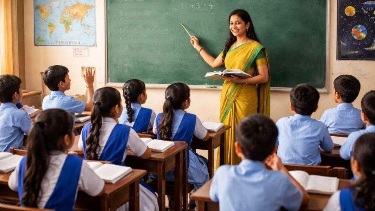 বিদ্যালয়ের শ্রেণিকক্ষে পাঠদান করছেন শিক্ষক