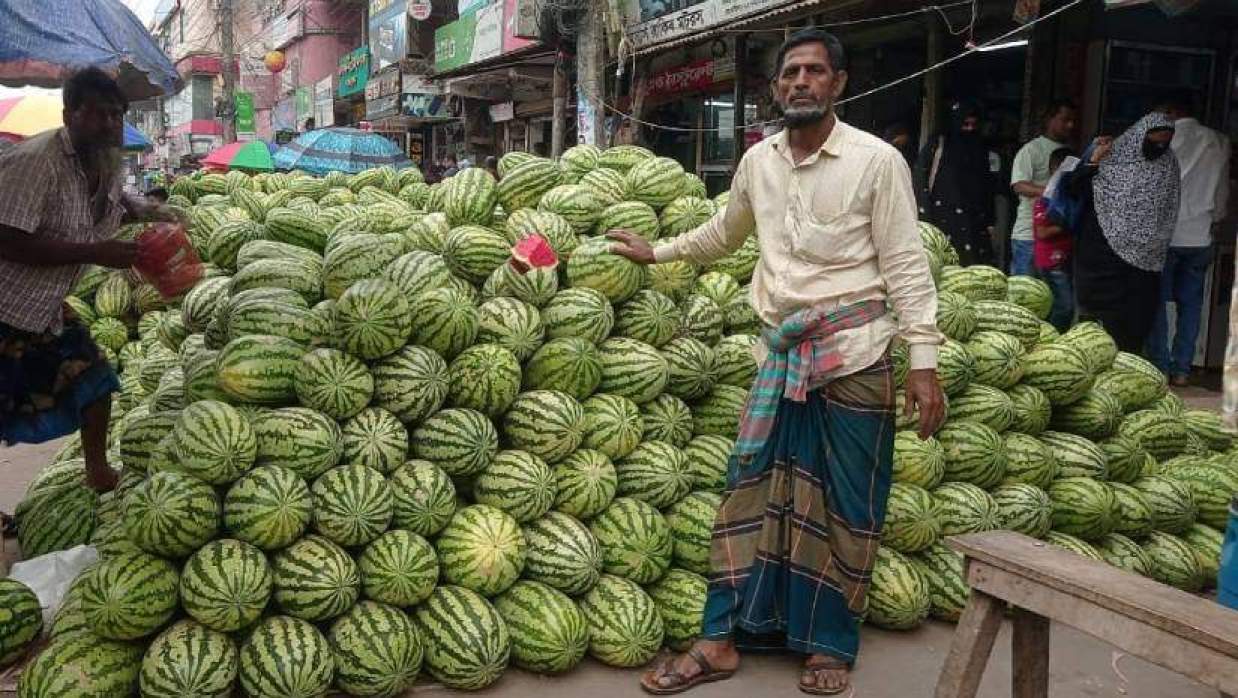 বাজারে তরমুজের পাশে দাঁড়িয়ে আছেন ব্যবসায়ী নুরুল ইসলাম হাওলাদার