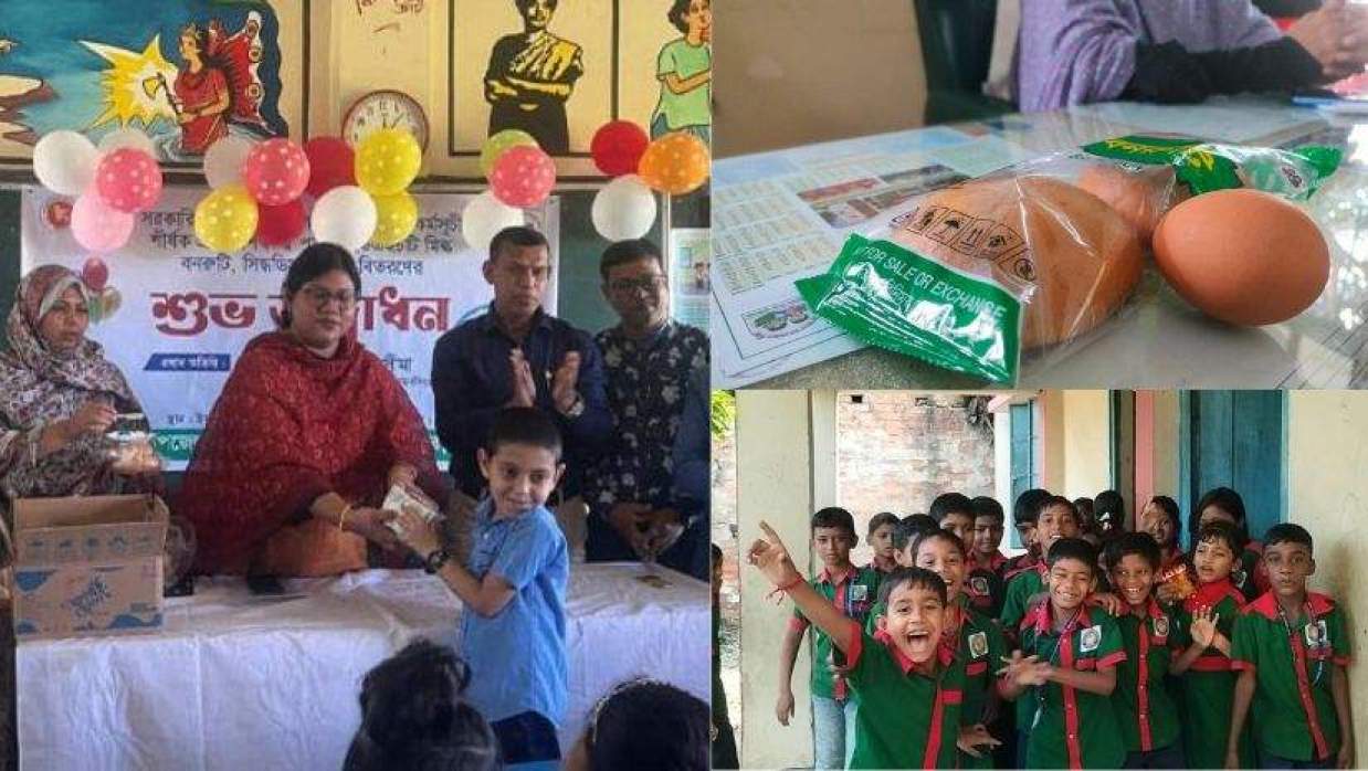 ময়মনসিংহে স্কুল ফিডিং কর্মসূচির উদ্বোধন (বাঁয়ে), আনোয়ারার সরস্বতী সরকারি প্রাথমিক বিদ্যালয়ে খাবার না পেয়ে বারান্দায় দাড়িয়ে কোমলমতি শিক্ষার্থীরা। রবিববার দুপুরে তোলা। (ডানে)