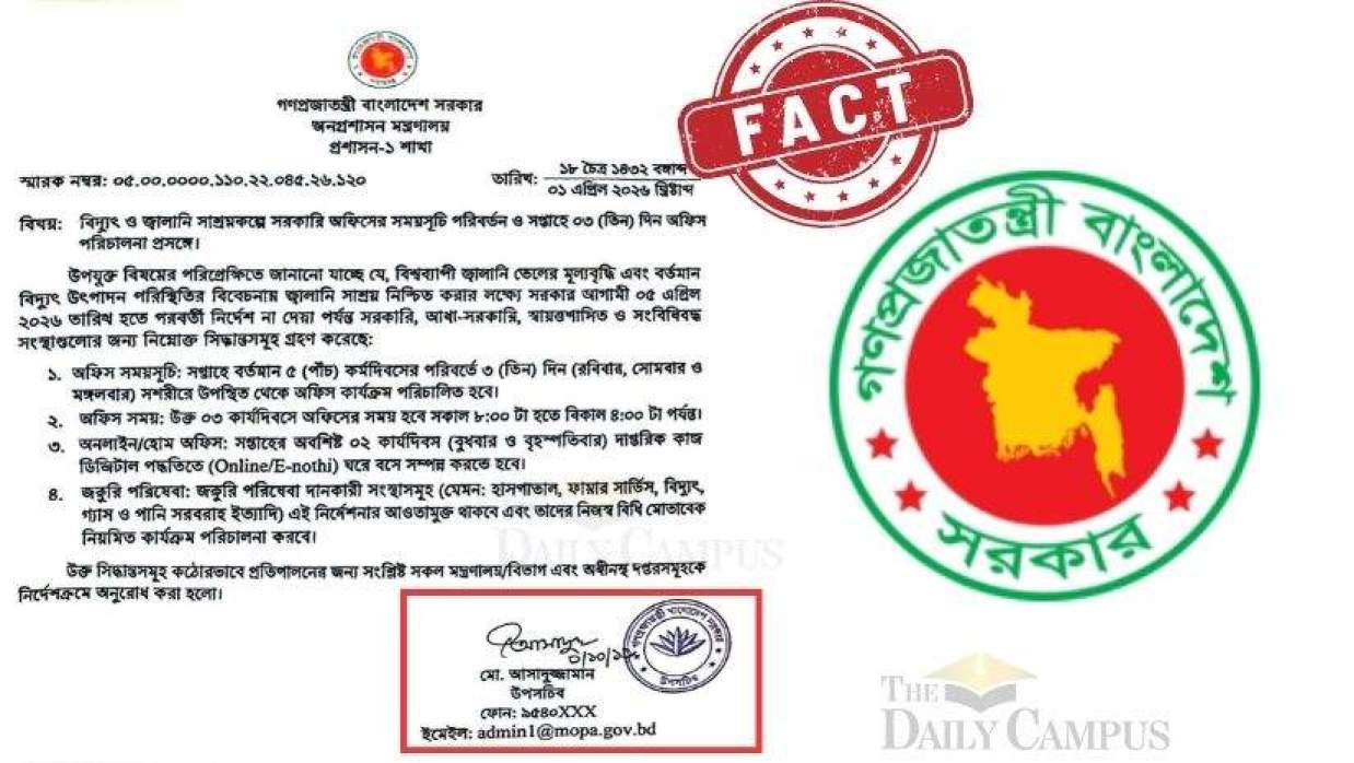 জ্বালানি সাশ্রয়ে সরকারি অফিস সূচি পরিবর্তনের বিজ্ঞপ্তিটি ভুয়া