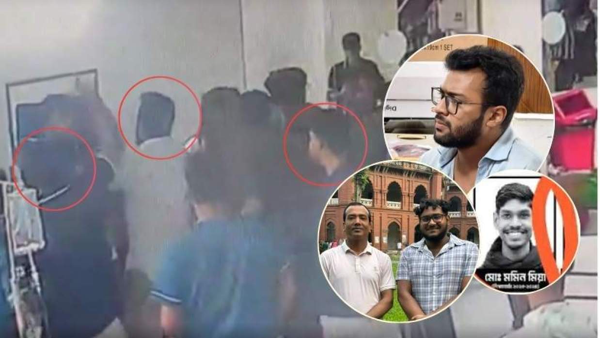 জরুরি বিভাগে কর্তব্যরত চিকিৎসকের ওপর হামলার সময় সামিন, তায়েব ও মোবিন (বাম থেকে গোল চিহ্নিত), ইনসেটে তায়েব (ওপরে), সামিন (নিচে বামে) ও মোবিন (ডানে))