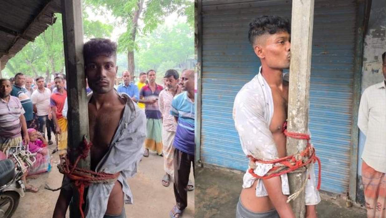 অভিযুক্ত ঘাতক মাইনুলকে খুঁটির সঙ্গে বেঁধে রাখেন স্থানীয়রা
