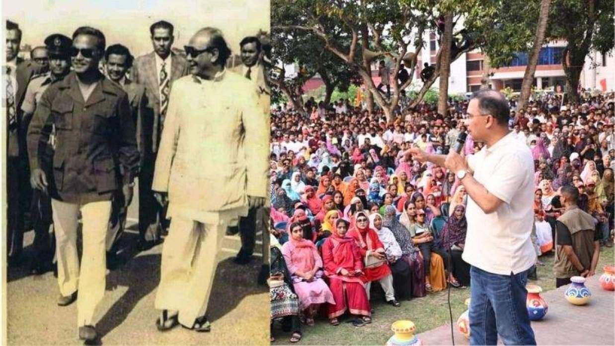 ১৯৭৯ সাল নীলফামারীর ডোমার বহুমুখী হাইস্কুল মাঠে জিয়াউর রহমান। পহেলা বৈশাখে সন্তোষে প্রধানমন্ত্রী তারেক রহমান (ডানে)