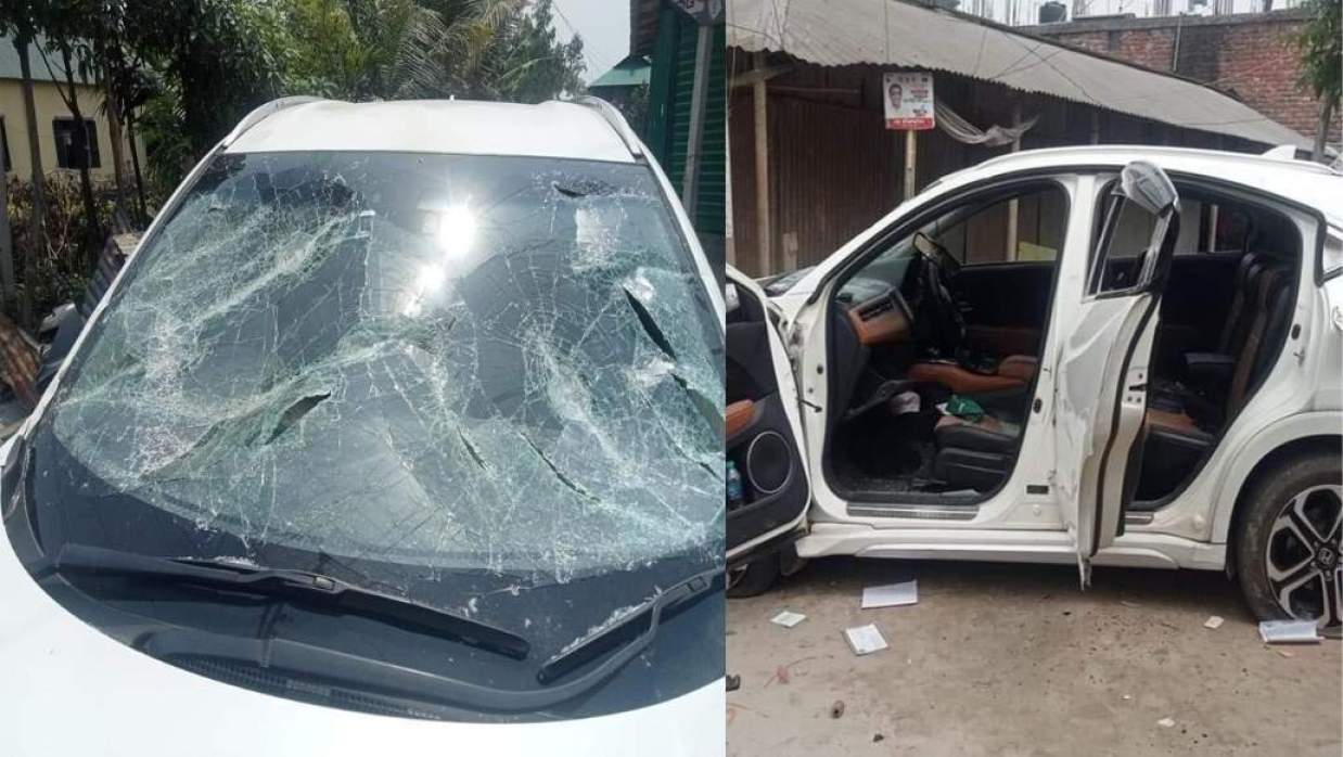 ফরহাদ গ্রুপের লোকজন হারুন-অর রশিদের গাড়ি ভাঙচুর করে।