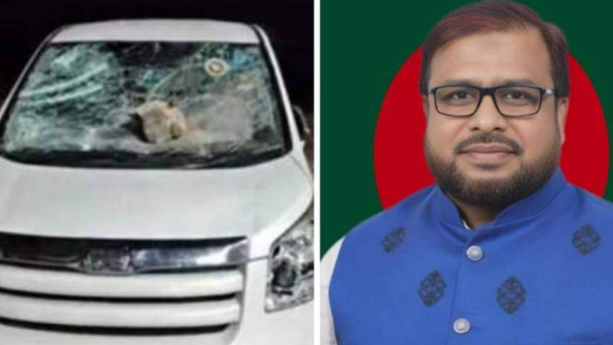 সংসদ সদস্য মাছুম মোস্তফা ও তার ক্ষতিগ্রস্ত গাড়ি