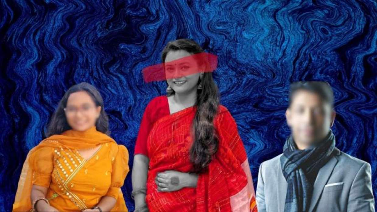 আত্মহনন করা ছাত্রী মুনিরা মাহজাবিন মিমো (মাঝে), আটক উম্মে হানি (বামে) ও গ্রেপ্তার সহযোগী অধ্যাপক সুদীপ চক্রবর্তী (ডানে)