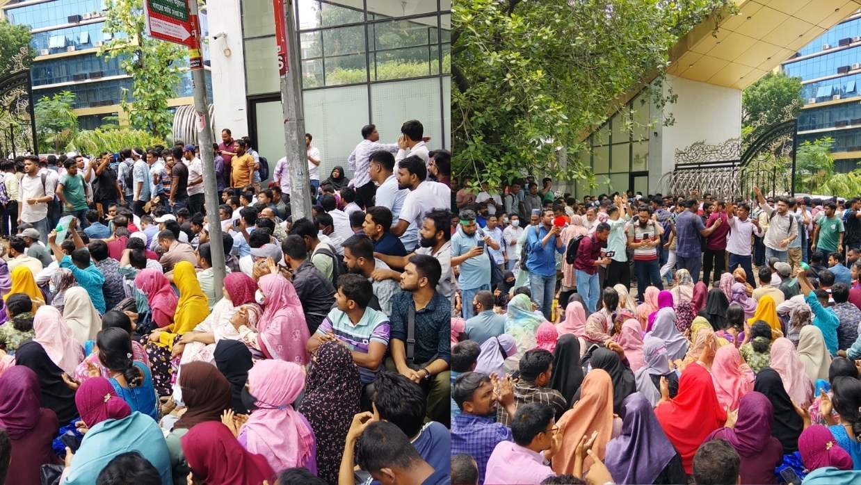 প্রাথমিক শিক্ষা অধিদপ্তরের সামনে অবস্থান কর্মসূচি পালন করেছেন চাকরিপ্রত্যাশীরা।