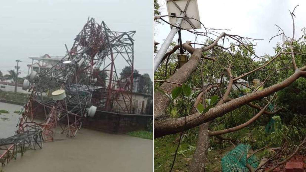 কালবৈশাখীর তাণ্ডবে ভেঙে পড়া মোবাইল নেটওয়ার্ক টাওয়ার ও গাছ