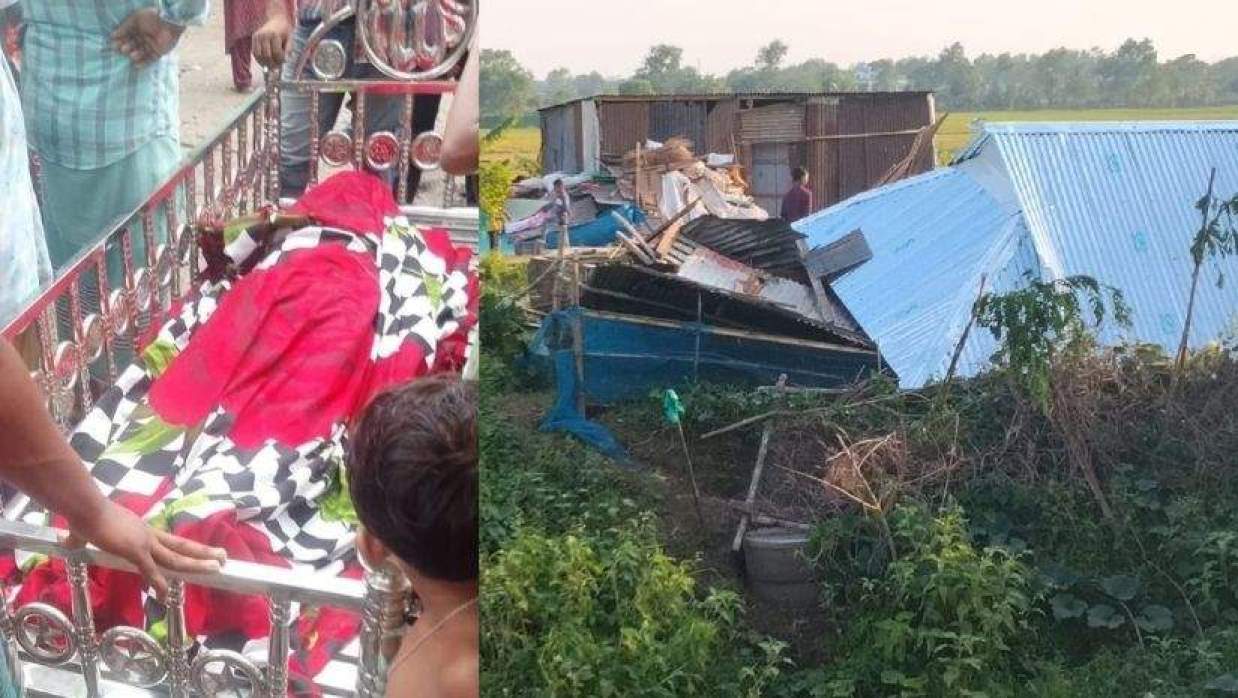 কালবৈশাখী ঝড়ে নিহত নুরুল ইসলামের মরদেহ (বামে)
