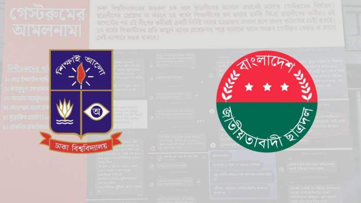 সার্জেন্ট জহুরুল হক হলের অথিতিকক্ষে ছাত্রদলের ‘গেস্টরুমের আমলনামা’ শিরোনামে টাঙানো ব্যানার