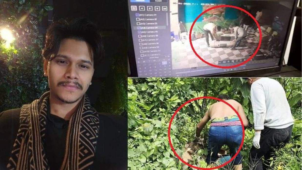 মোহাম্মদ ফরহাদ হোসেন মাহির বামে, ডানে উপরে আফতাবনগরের একটি বাসায় নিয়ে হত্যা করে লাশ বের করার দৃশ্য সিসিটিভিতে