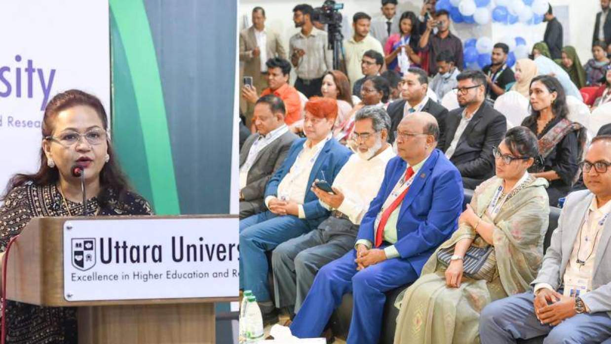 অনুষ্ঠানে বক্তব্য দিচ্ছেন উত্তরা ইউনিভার্সিটির উপাচার্য অধ্যাপক ড. ইয়াসমীন আরা লেখা (বাঁয়ে) ও আমন্ত্রিত অতিথিরা
