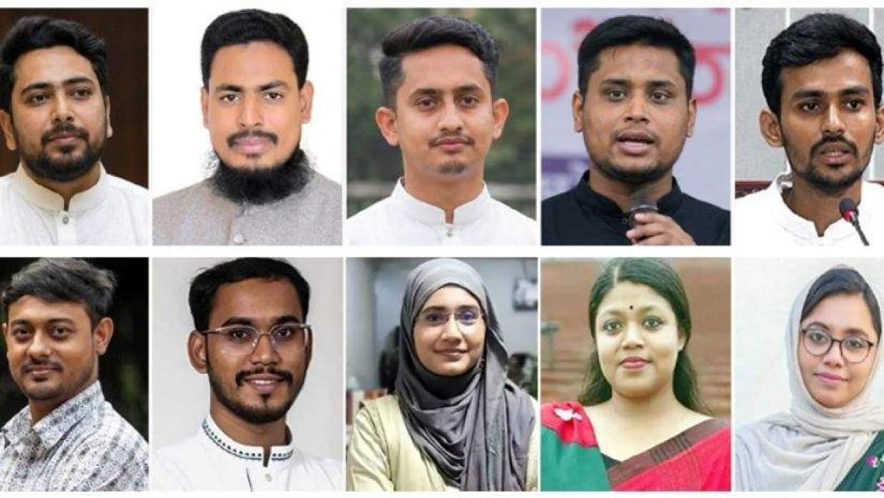 এনসিপি নেতা মো. নাহিদ ইসলাম, আখতার হোসেন, সারজিস আলম, হাসনাত আব্দুল্লাহ, আসিফ মাহমুদ সজীব ভূঁইয়া (বাঁ থেকে ওপরে), নাসীরুদ্দীন পাটওয়ারী, আবদুল হান্নান মাসউদ, সামান্তা শারমিন, নুসরাত তাবাসসুম ও ডা. মাহমুদা মিতু (বাঁ থেকে নিচে)