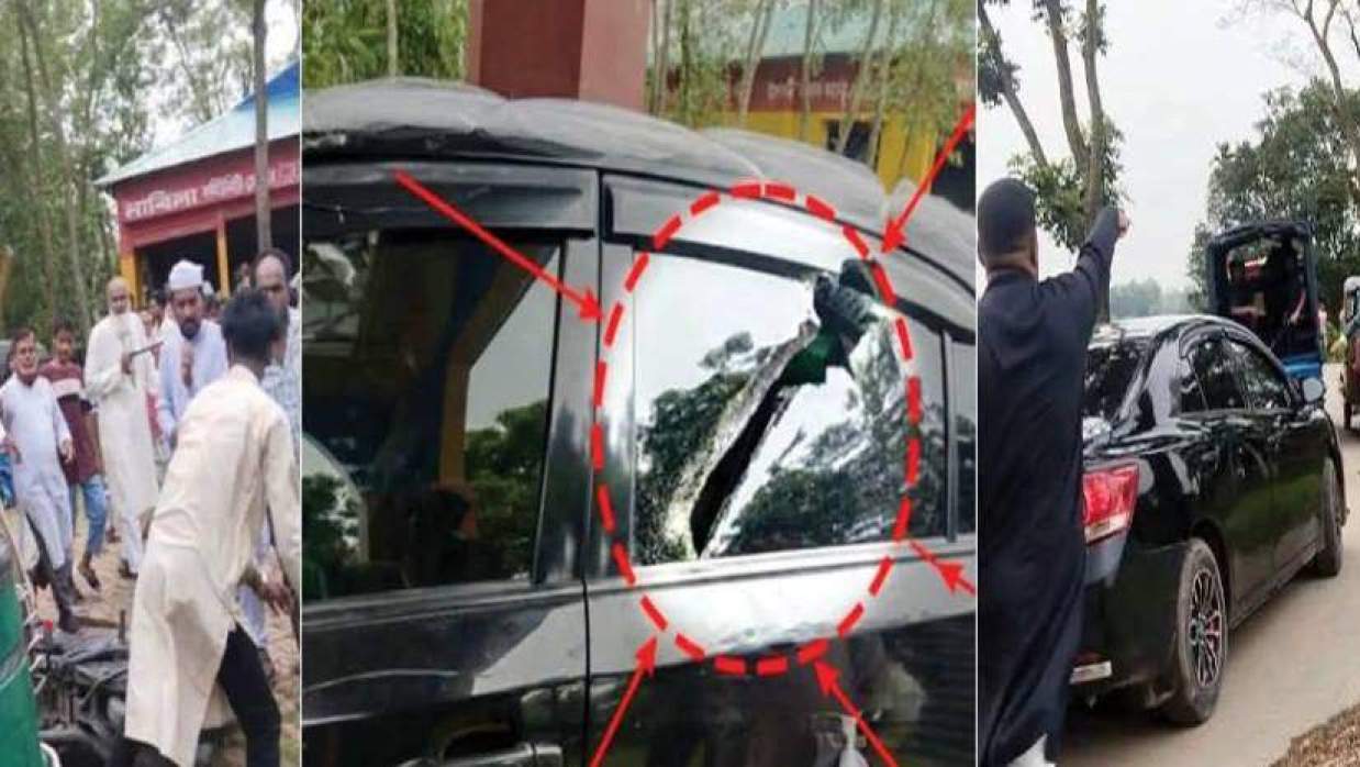 হামলায় ভেঙে যাওয়া গাড়ি কাচ