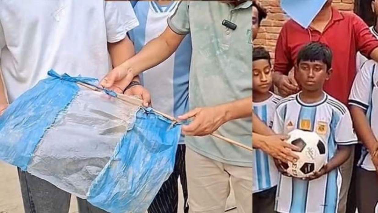 সাদা ও আকাশি রঙের পলিথিন কেটে সুই-সুতা দিয়ে সেলাই করে তৈরি আর্জেন্টিনার পতাকা