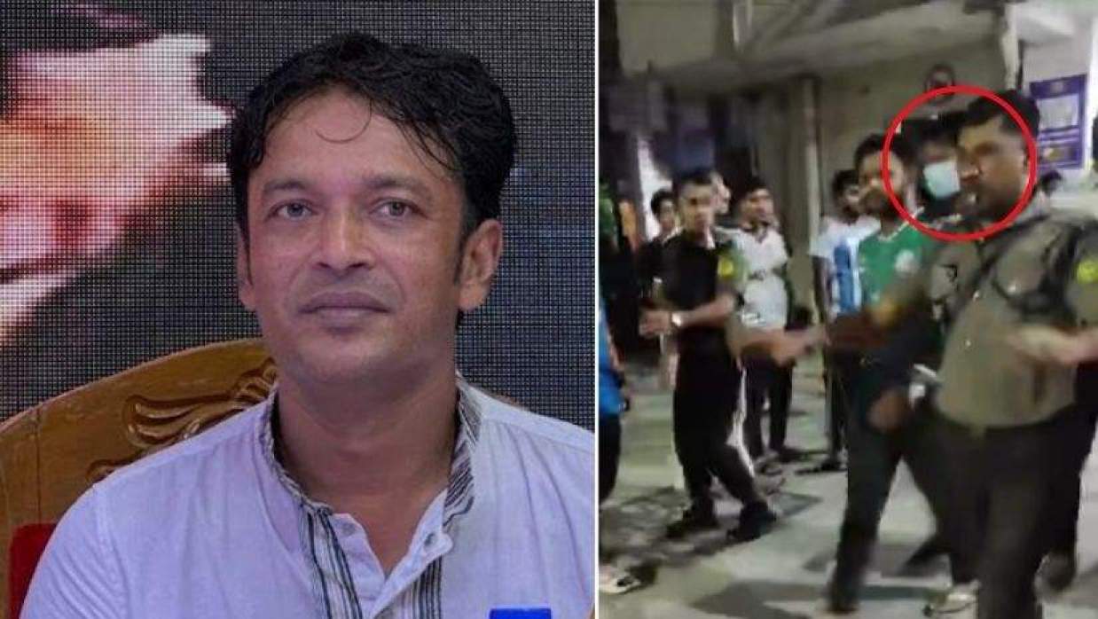 জবি ছাত্রদল আহ্বায়ক মেহেদী হাসান হিমেল, ডানে হাসপাতাল থেকে তাকে পুলিশ উদ্ধার করার পরে (মাস্ক পরিহিত ও গোল চিহ্নিত)