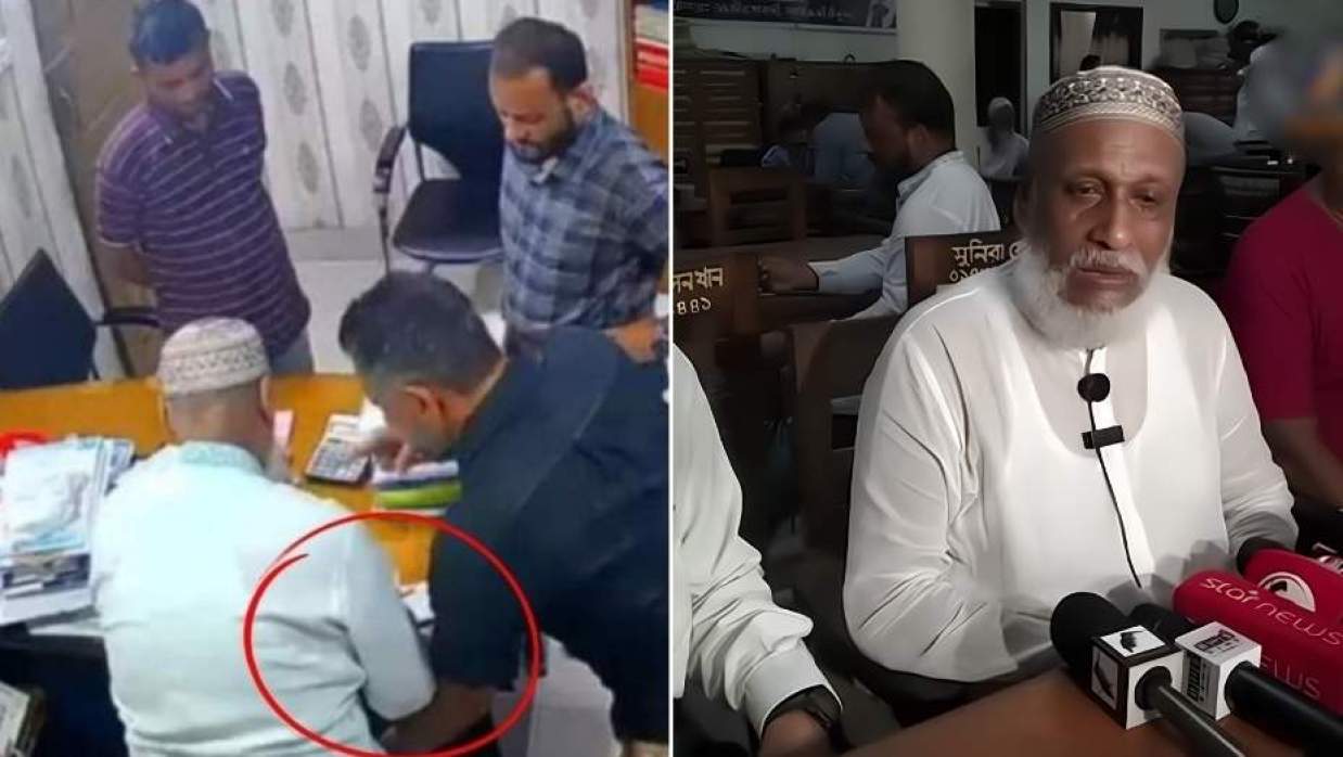 ভুক্তভোগীর অণ্ডকোষ চেপে ধরছেন মোস্তাফিজুর রহমান লিটু, ডানে সংবাদ সম্মেলনে কাঁদলেন এমডি