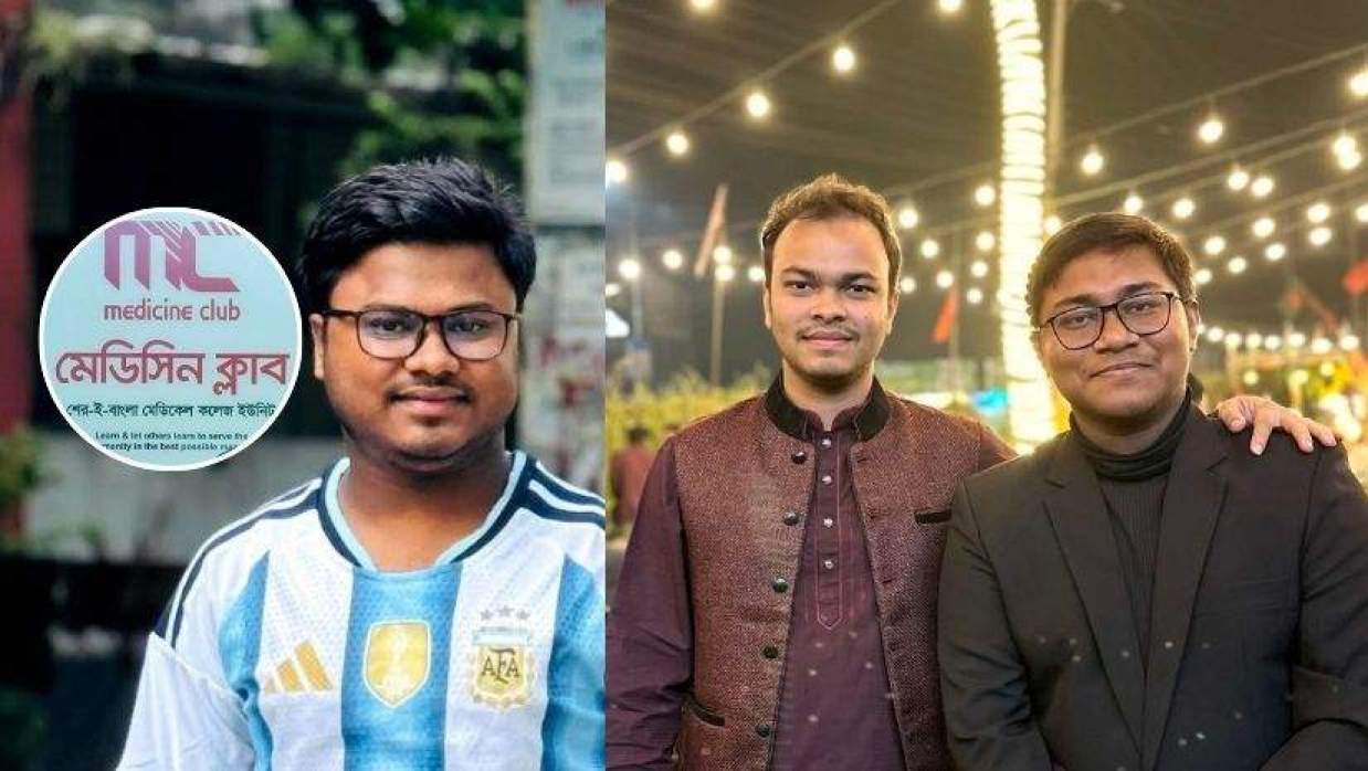 সভাপতি সিয়াম হোসেন, সহ-সভাপতি শান্ত তালুকদার এবং কার্যকরী সদস্য ও অ্যাক্টিং প্রভোস্ট পরিচয় দিয়ে আলোচিত নোমান ভূঁইয়া (বাঁ থেকে), ইনসেটে মেডিসিন ক্লাব