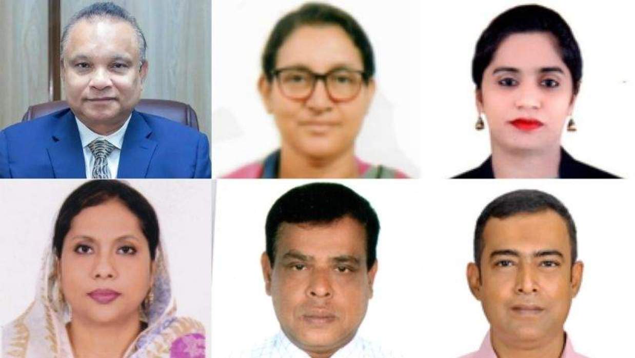 প্রধানমন্ত্রীর বিশেষ সহকারী ডা. এসএম জিয়াউদ্দিন হায়দার, নার্সিং অধিদপ্তরের ডিজি দিল আফরোজা, ড. সৈয়দা সালমা বেগম (উপরে বাঁ থেকে), নাহিদা পারভীন,  মো. জাকির হোসেন ও প্রতিমন্ত্রীর এপিএস মো. আল মামুন (নিচে বাঁ থেকে)